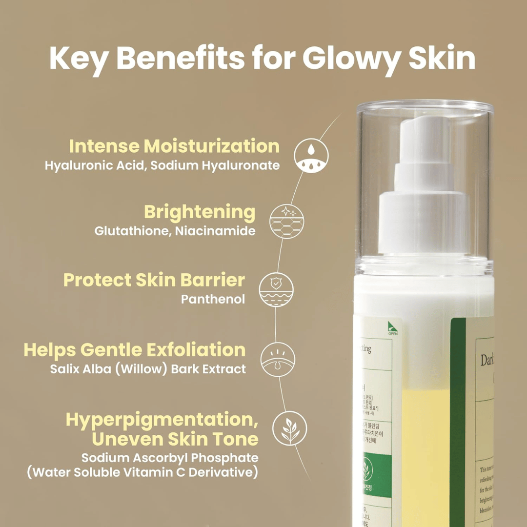 Axis-Y Dark Spot Correcting Glow Toner benefits for glowy skin with moisturizing, brightening, exfoliation, and hyperpigmentation control