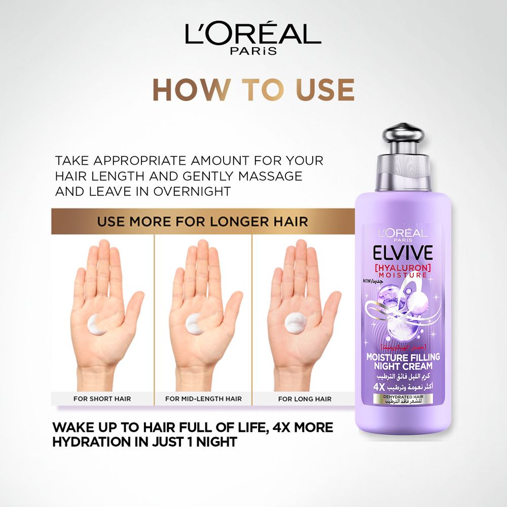 L'Oreal Paris Elvive Hyaluron Moisture Filling Night Hair Cream Mask, For Frizz Free & Hydrated Hair, 200ml - wellkart