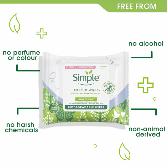 Simple Kind to Skin Biodegradable Micellar Facial Wipes 20 Ct SkinStash