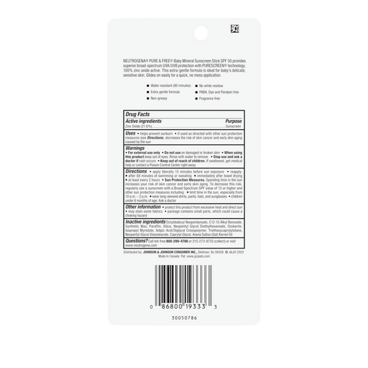 Neutrogena Pure & Free Baby Mineral Sunscreen Stick SPF 50 (13g) NEUTROGENA